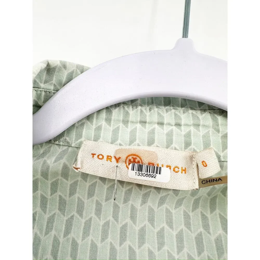 Tory Burch Emmy Green Printed Cotton Short Sleeve Pleated Shirt Dress Size 0‎